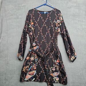 Seen Worn Kept Embroidered Bird Mini Dress Size 4 Black Boho Belted Folk Art